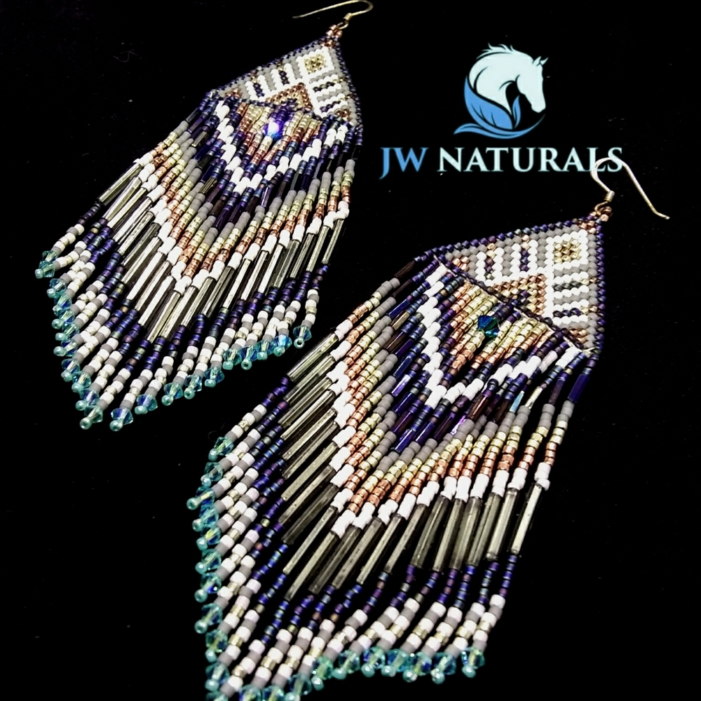 ⭐HP⭐ Beaded Handmade Long Fringe Earrings Peacock - Picture 2 of 8